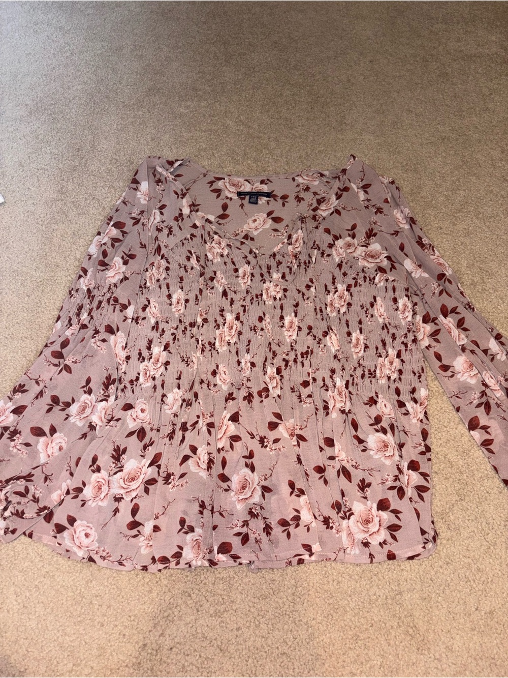 American Eagle Outfitters Mauve Pink Floral Smocked V-Neck Blouse